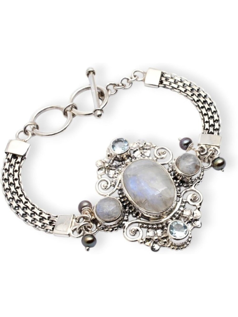 Handmade Multicolor Pearl & Moonstone Flower Bracelet with Blue Topaz & Silver
